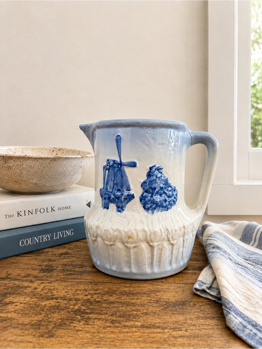 Blue & White Stoneware Pitcher Windmill Dutch Farmhouse Decor